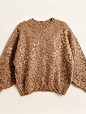 ANDTHEWHY Women M/L Metallic Gold Foil Leopard Oversized Sweater Statement Glam